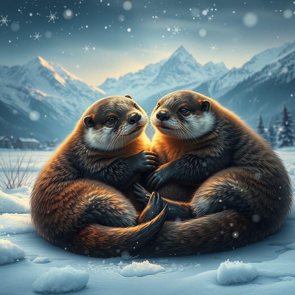 Winter Otter Family Embracing on Snowy Mountain Riverbank in...
