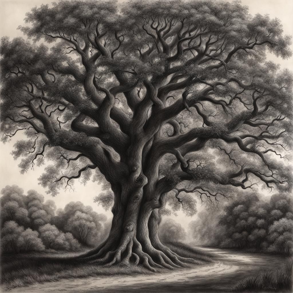 Detailed Charcoal Drawing of a Three-Branched Tree
