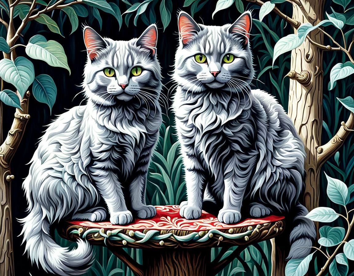 Grey Cats on Cat Tree in Gouache Style