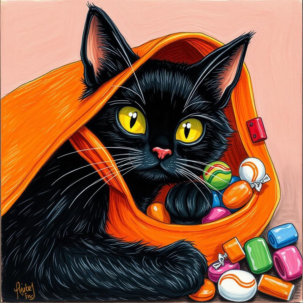 Black Cat in Trick-or-Treat Bag, Colored Pencil Drawing