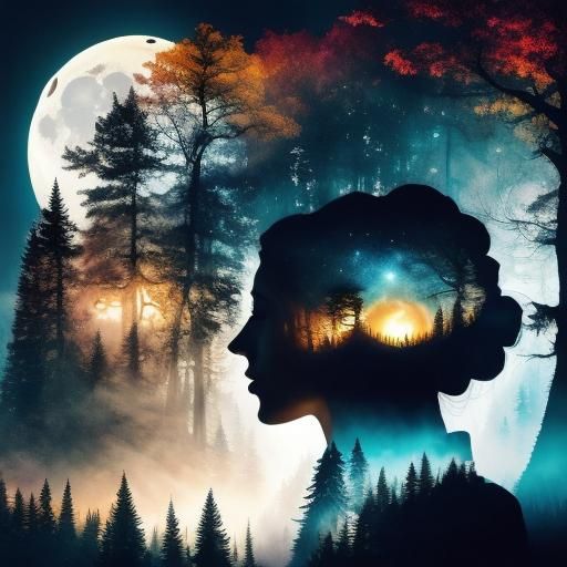Double Exposure Girl Silhouette Art with Moonlit Forest