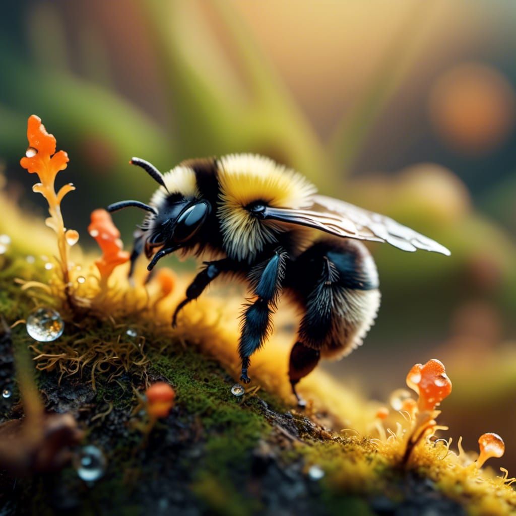 Macro Photo of Bumblebee on Mossy Branch