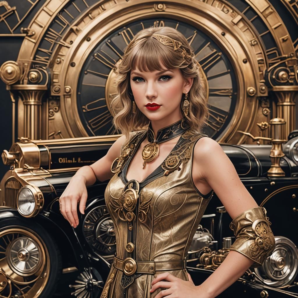 Celebrity Posing with Vintage Car in Art Deco Style