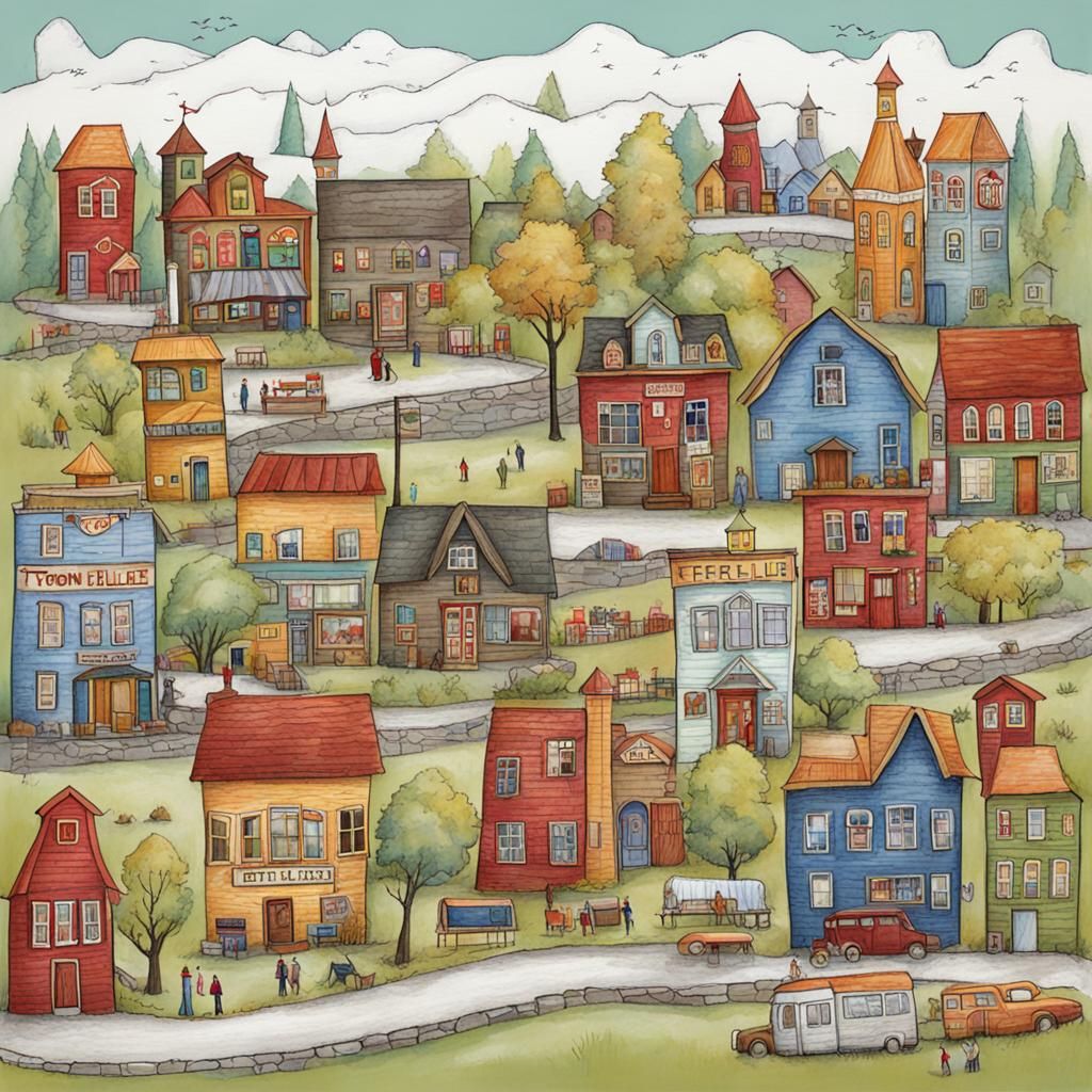 Whimsical Map of a Small Town Illustration