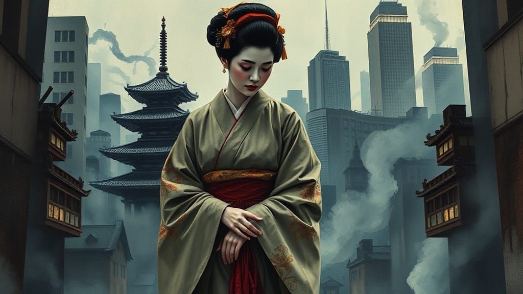 Geisha and Samurai Ghost in Dystopian Art Deco Cityscape