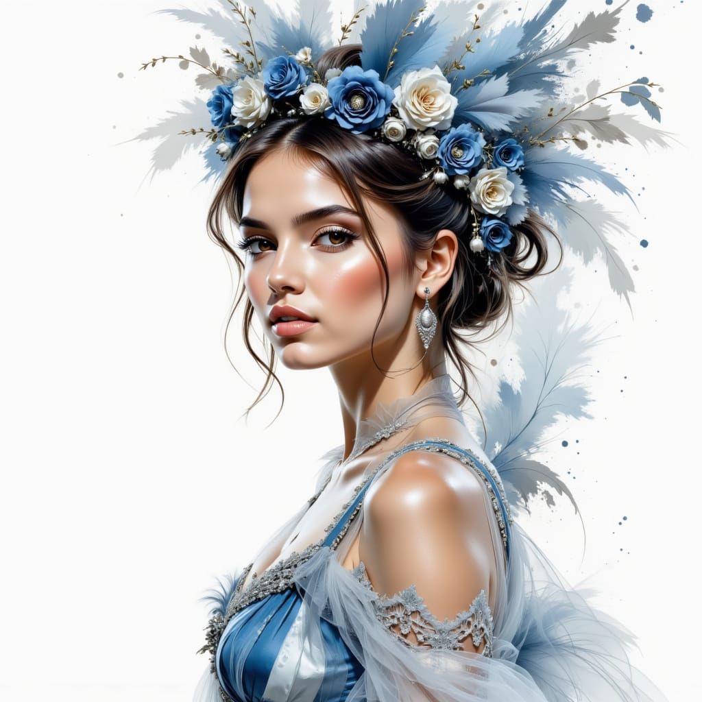 <lora:Chaotic order:1.0> Close-up of a casual pose of a young woman wearing an intricate ...