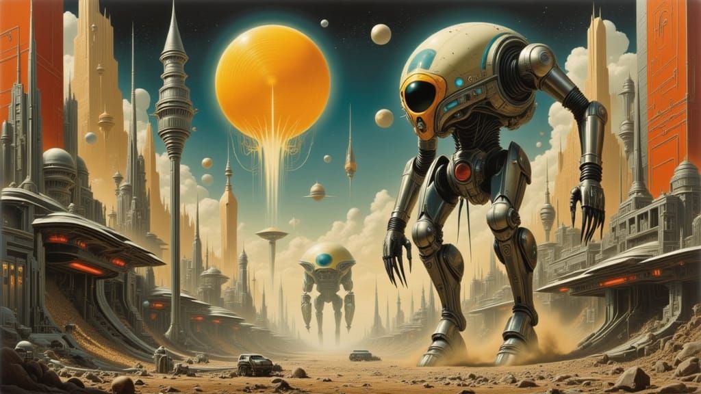 Alien War Machine in Dystopian Cityscape