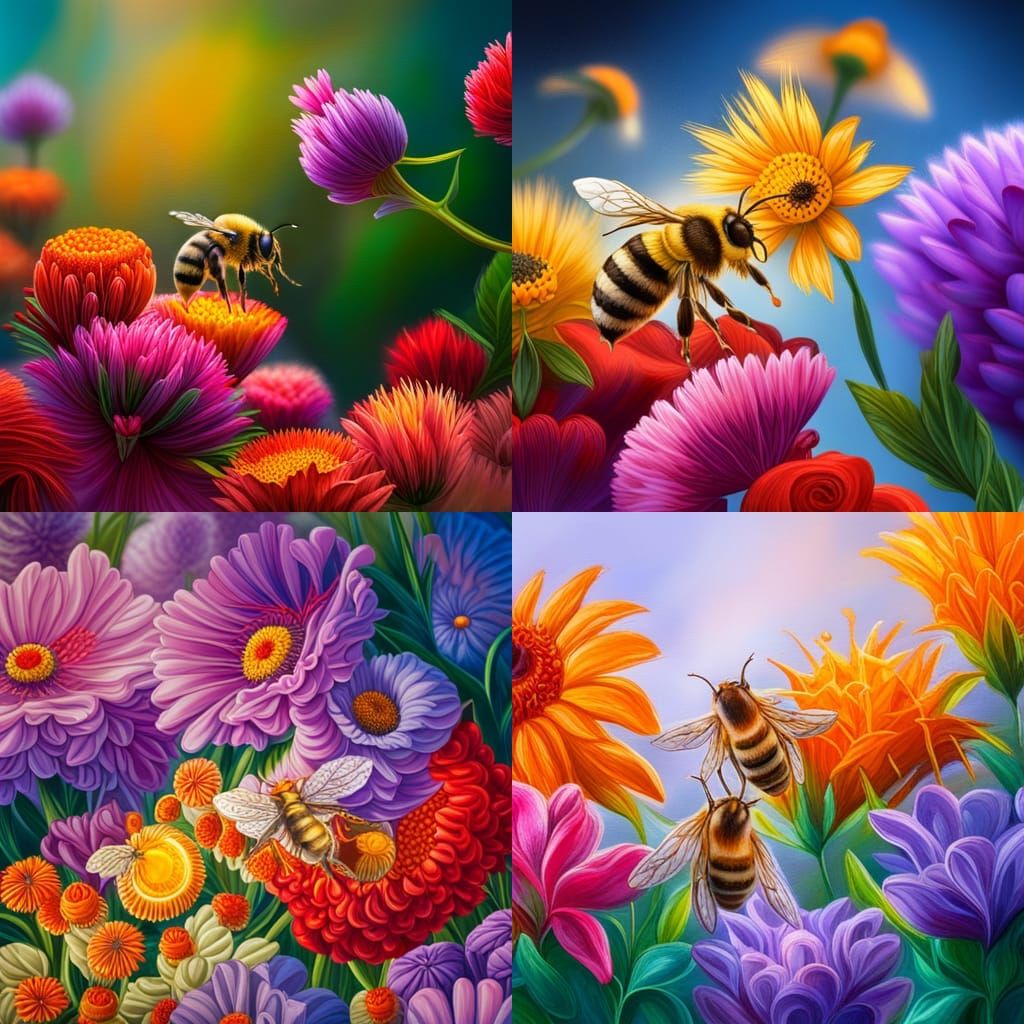 Bees Collecting Honey: Hyperrealistic Splash Art