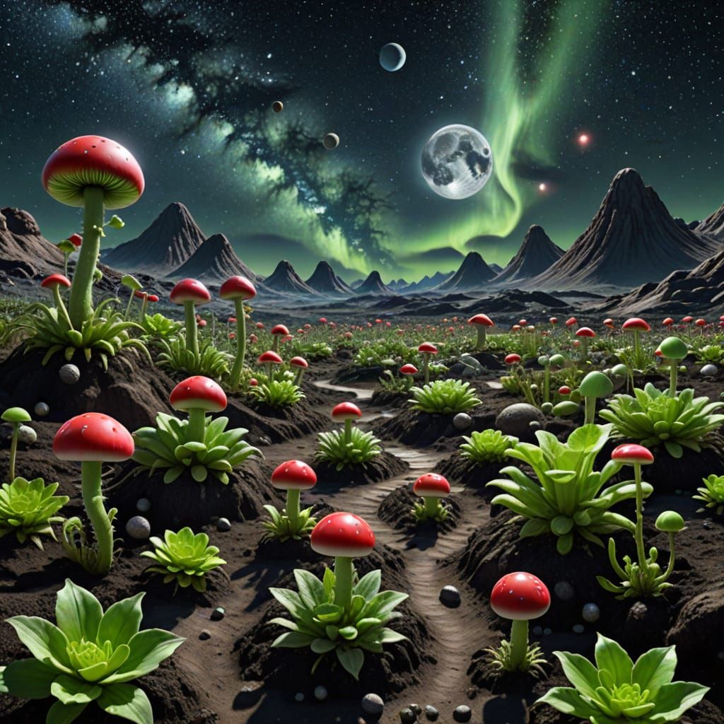 Hyperrealistic Moon Garden with Piranha Plants