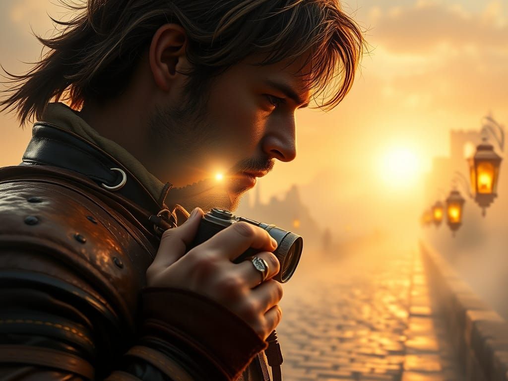 Fantasy Realism Painting of Traveler in Misty Dawn