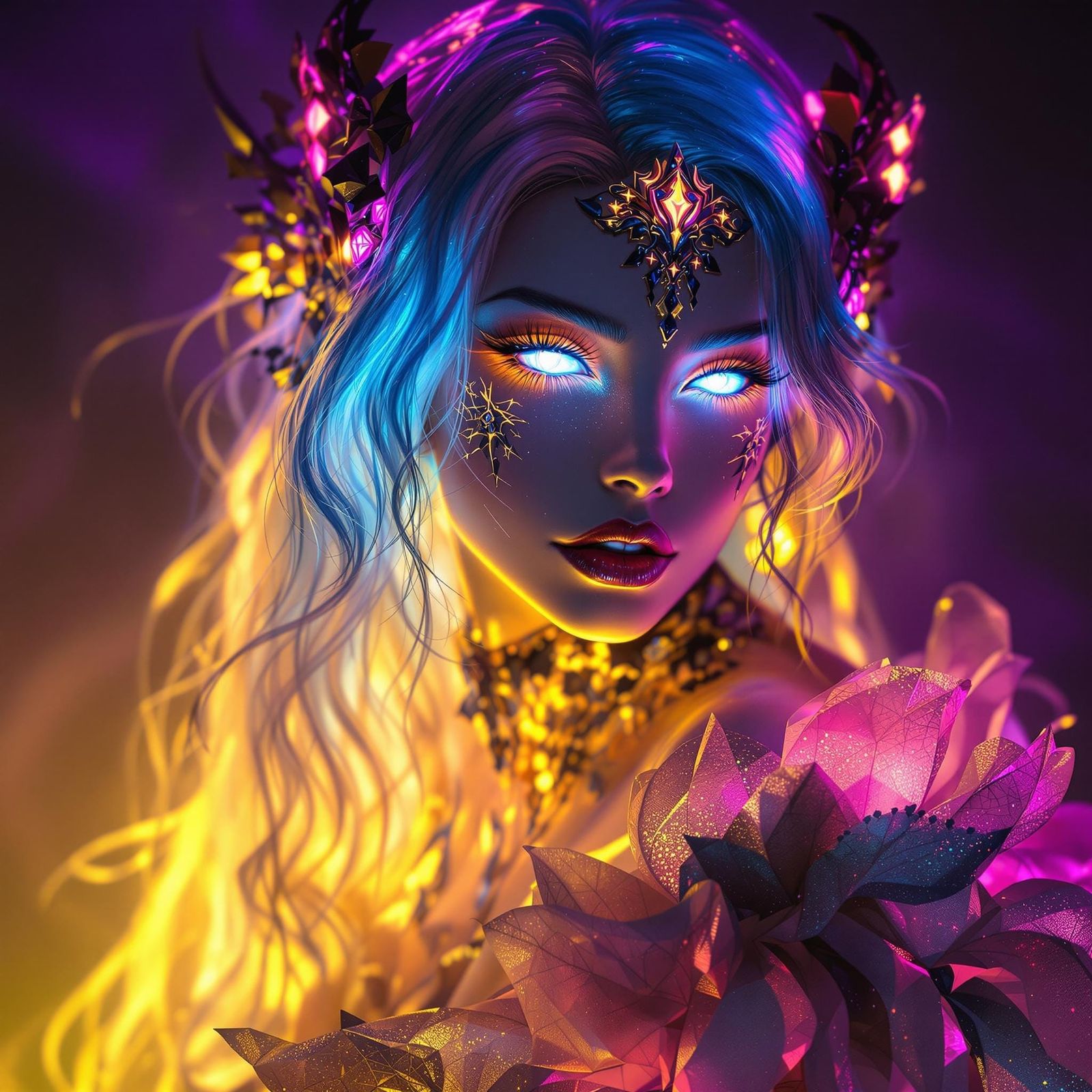 Ethereal Fantasy Portrait with Neon Hair and Glowing Eyes
