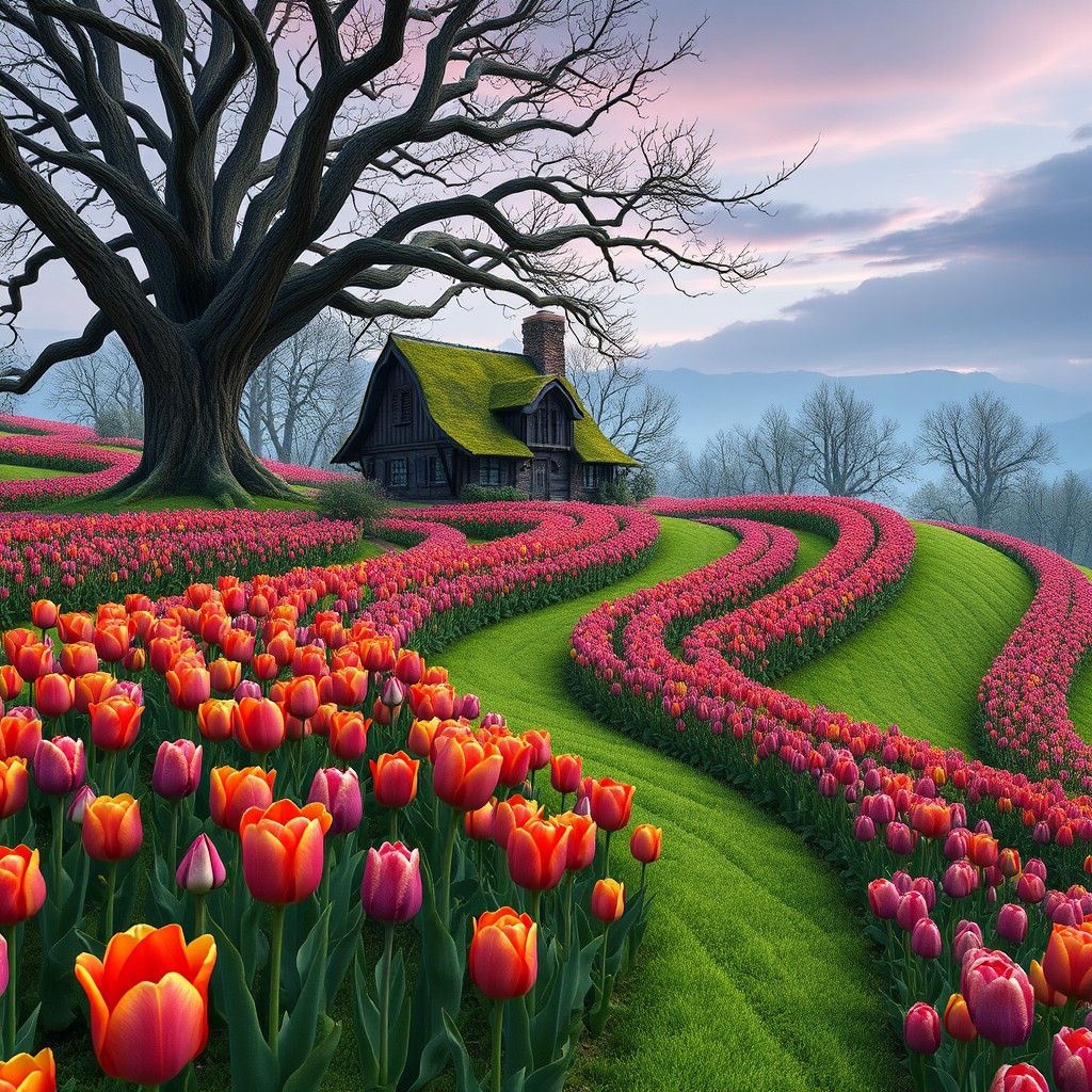 Vibrant Tulips and Rustic Cottage: Fantasy Concept Art