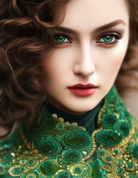 Detailed Portrait of Curly Girl with Green Eyes