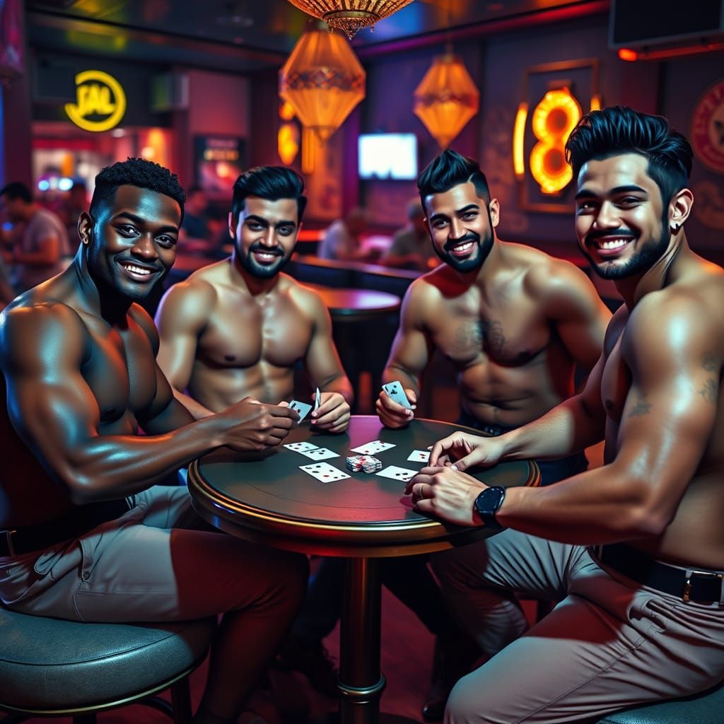 Handsome Men Play Cards in a Vibrant Gay Nightclub