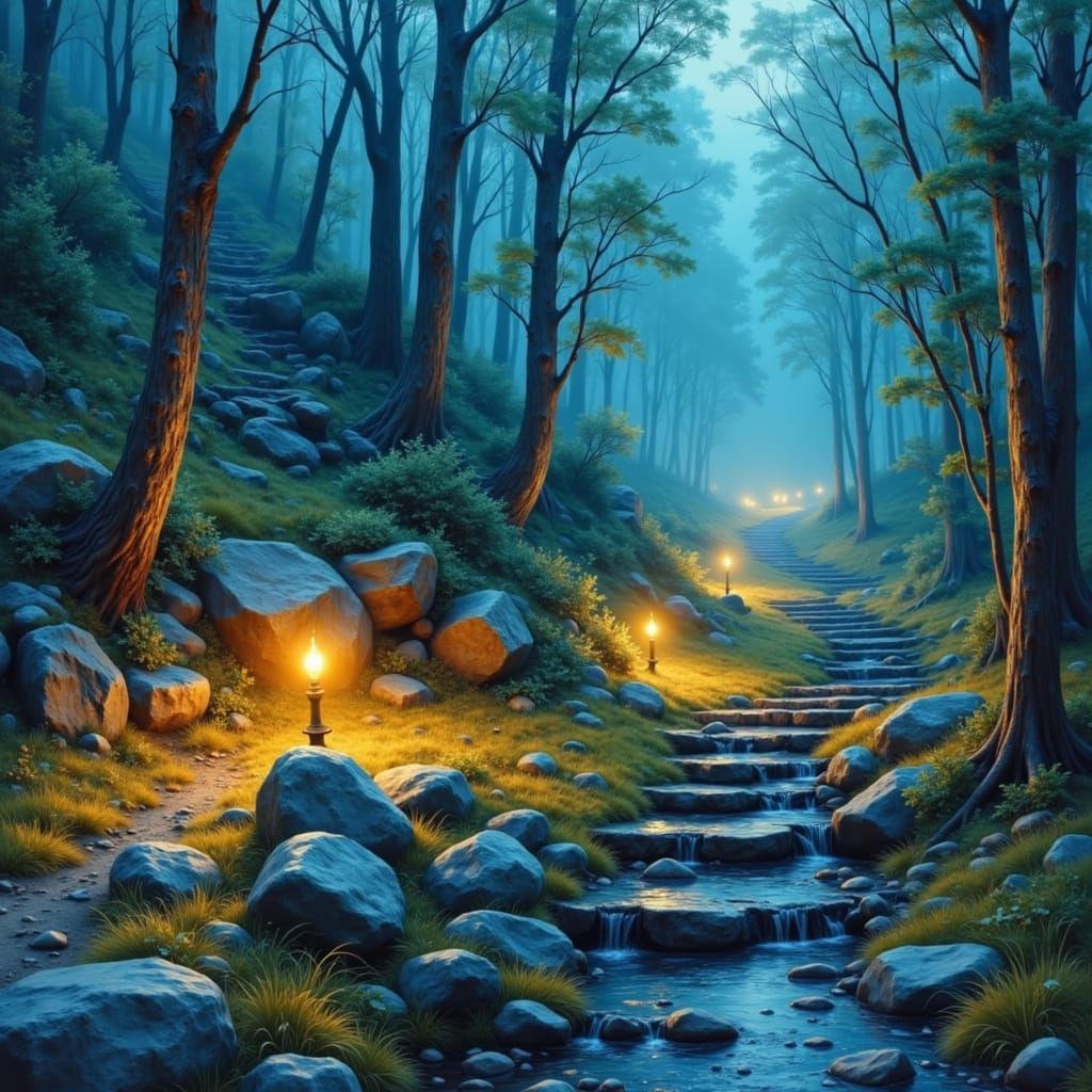 Enchanted Forest Path Leading to Waterfall