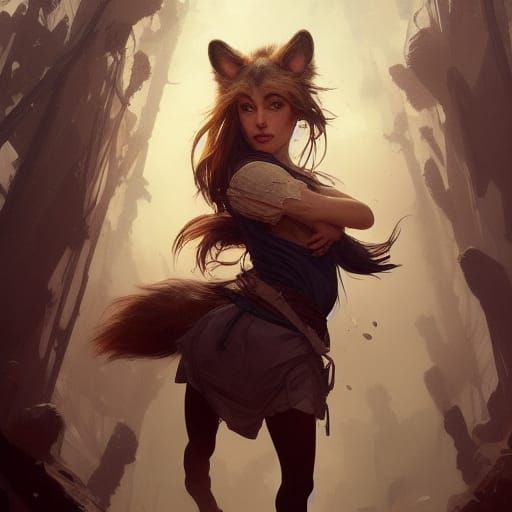 Wolf-Headed Girl Portrait, Hyperdetailed Digital Art