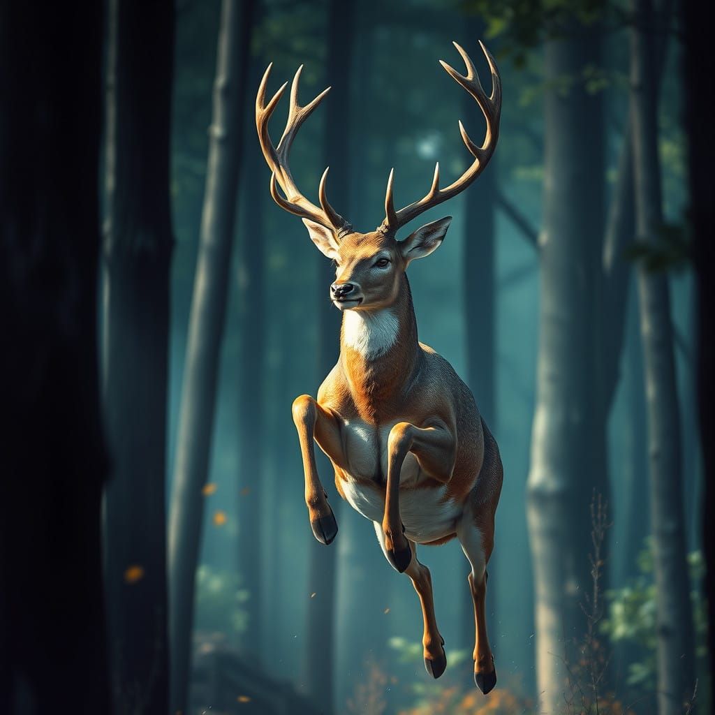 Deer in Mid-Jump, Intricately Detailed Portrait in Triadic C...