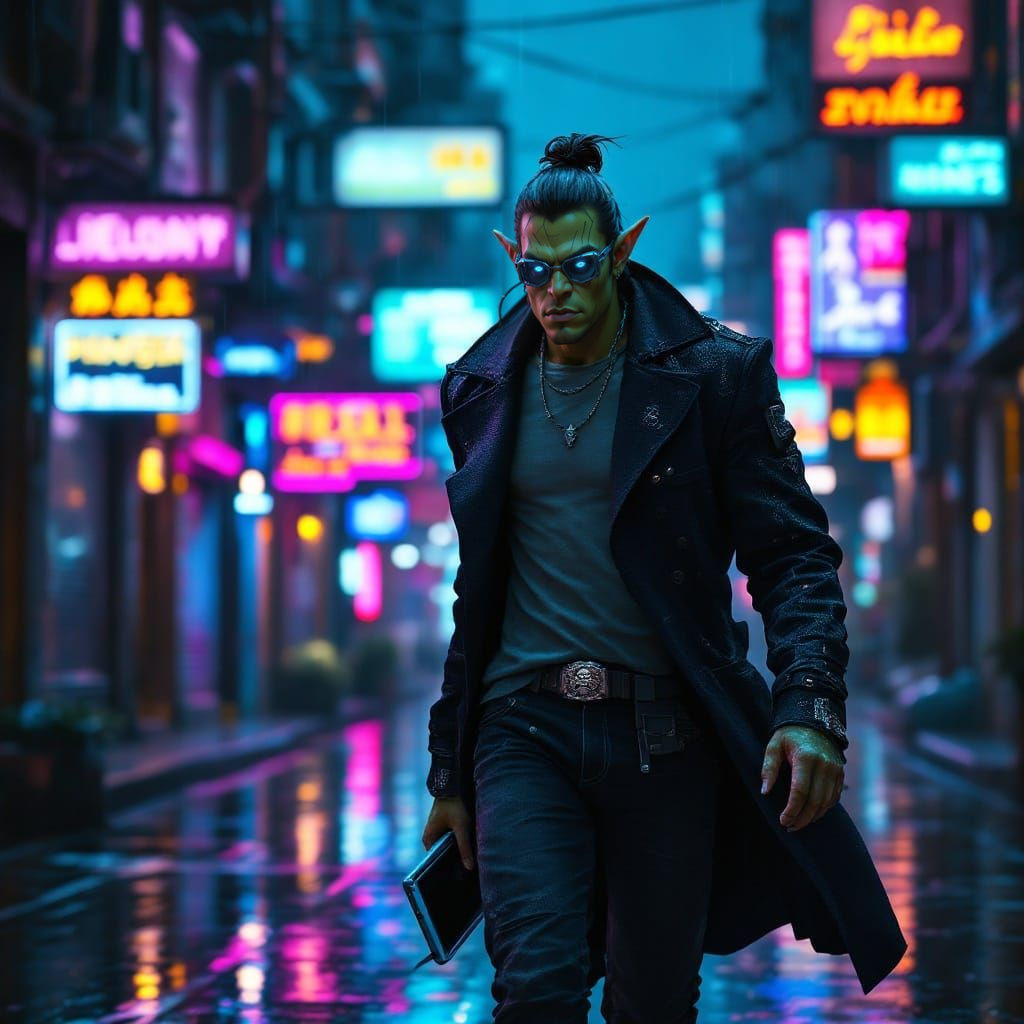 Cyberpunk Scholar Orc in Neon City Alley
