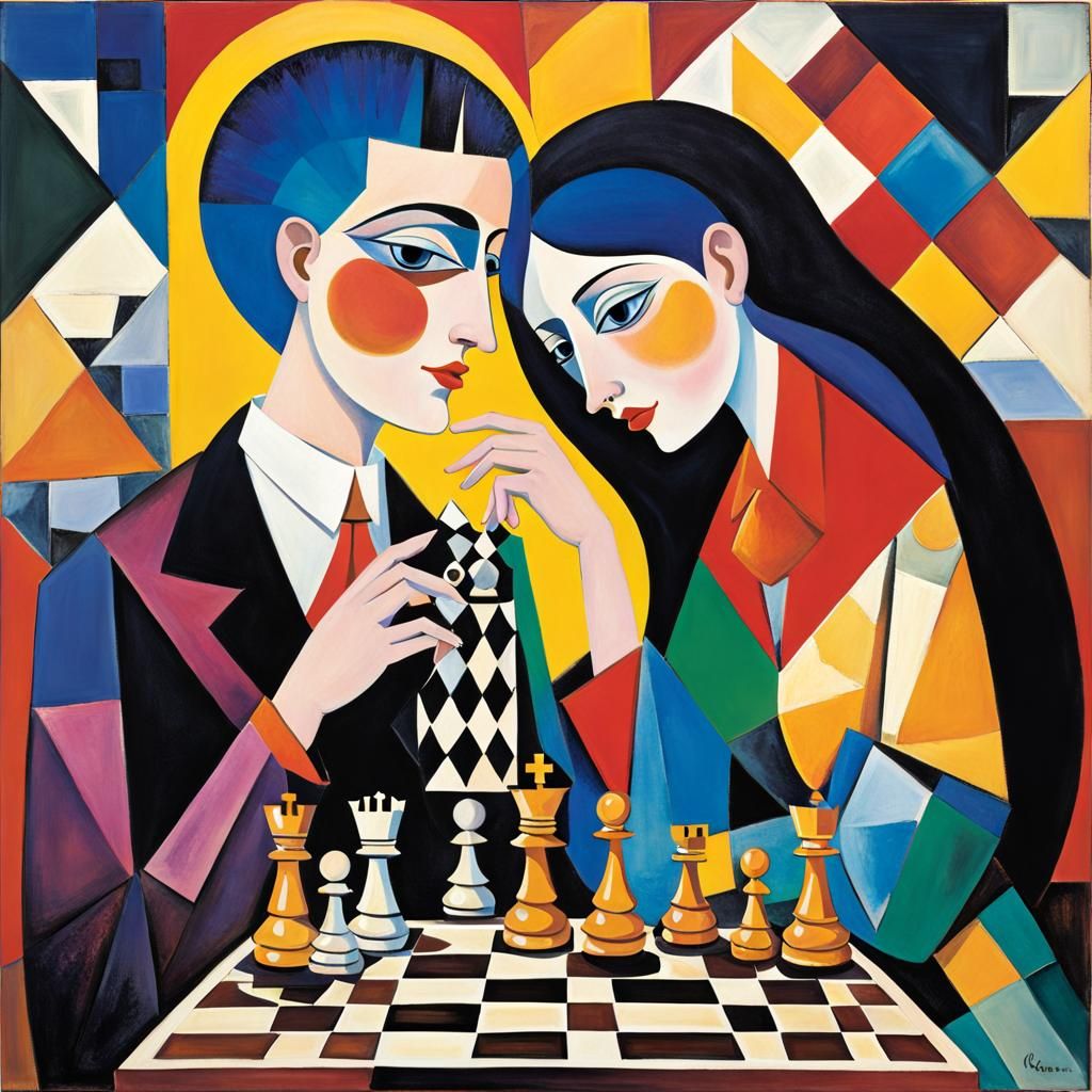 Colorful Couple's Chess Game in Mixed Artistic Styles
