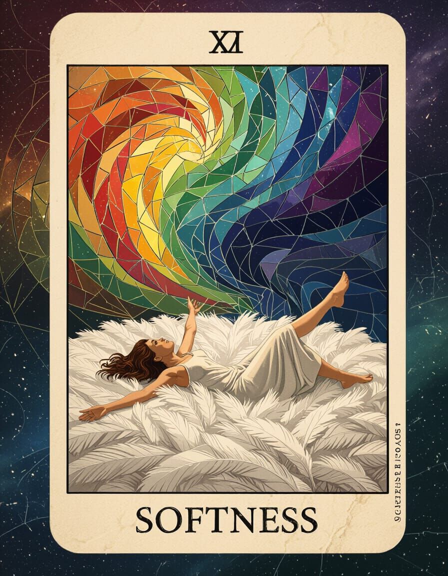 Tarot Card SOFTNESS with Woman Falling on Feathers