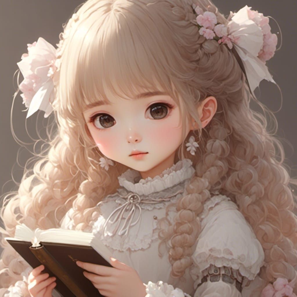 Kawaii Anime Girl with Tablet in Cute Cartoon Style