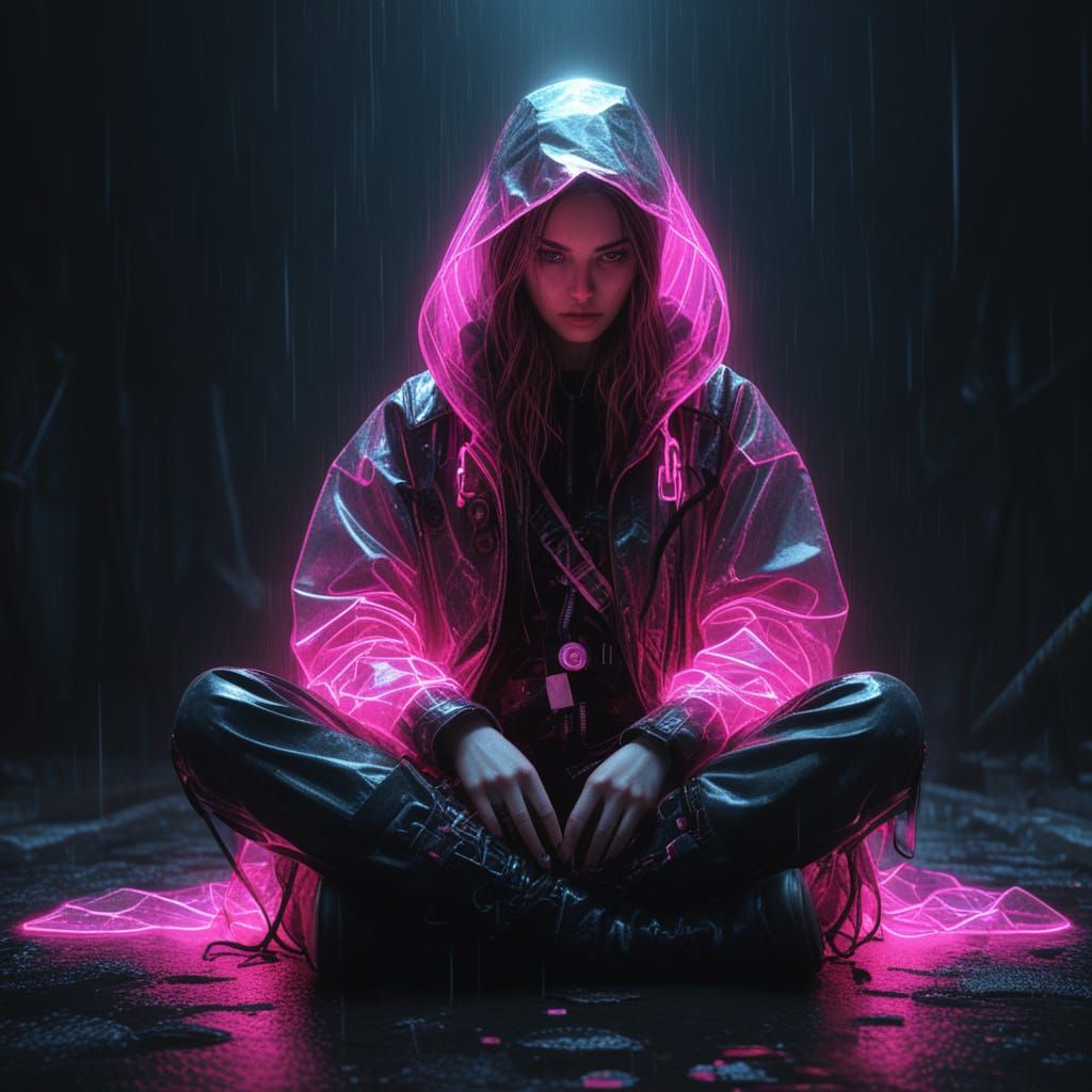 Cyberpunk Girl of Pink Neon Light in Darkness