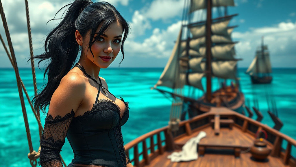 Beautiful dark haired ponytail as a pirate,