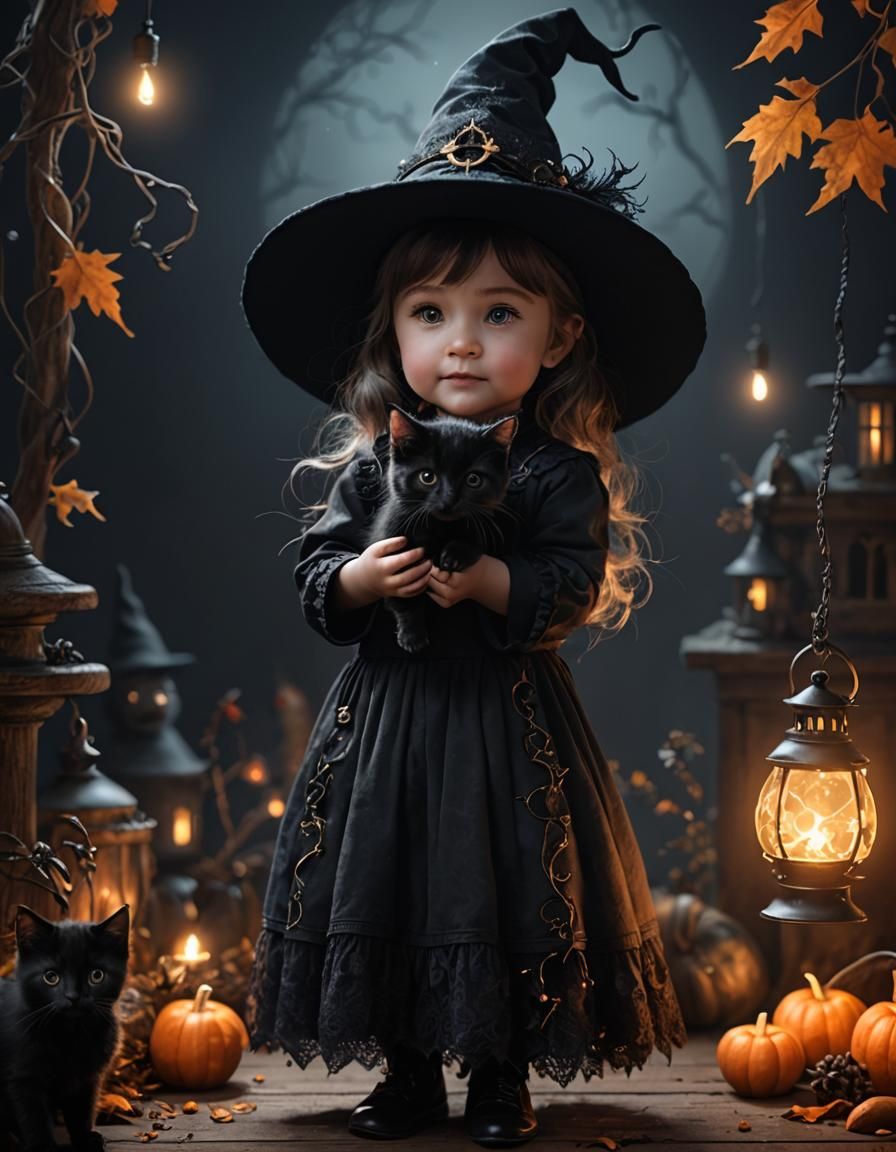 Toddler Witch with Black Kitten in Digital Style