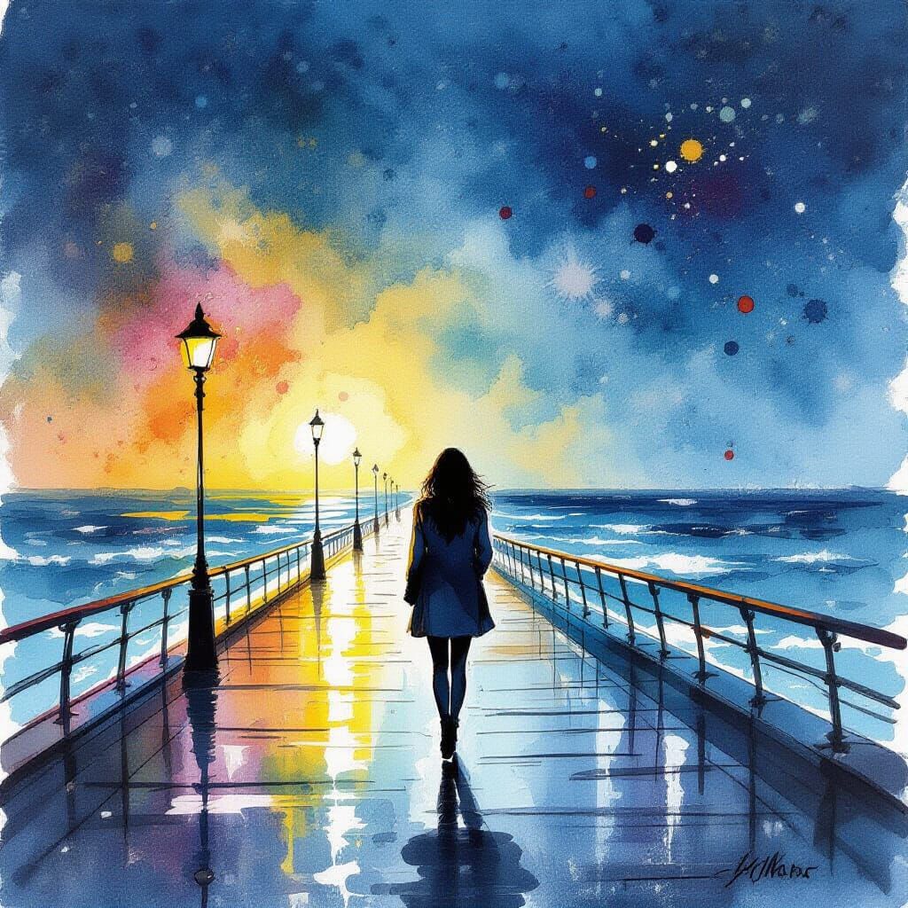 Woman Strolls Towards Infinity on Oceanic Boardwalk