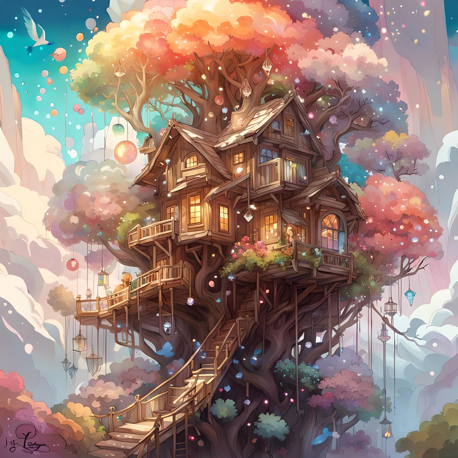 Fantasy Treehouse Above Clouds in Digital Art Style