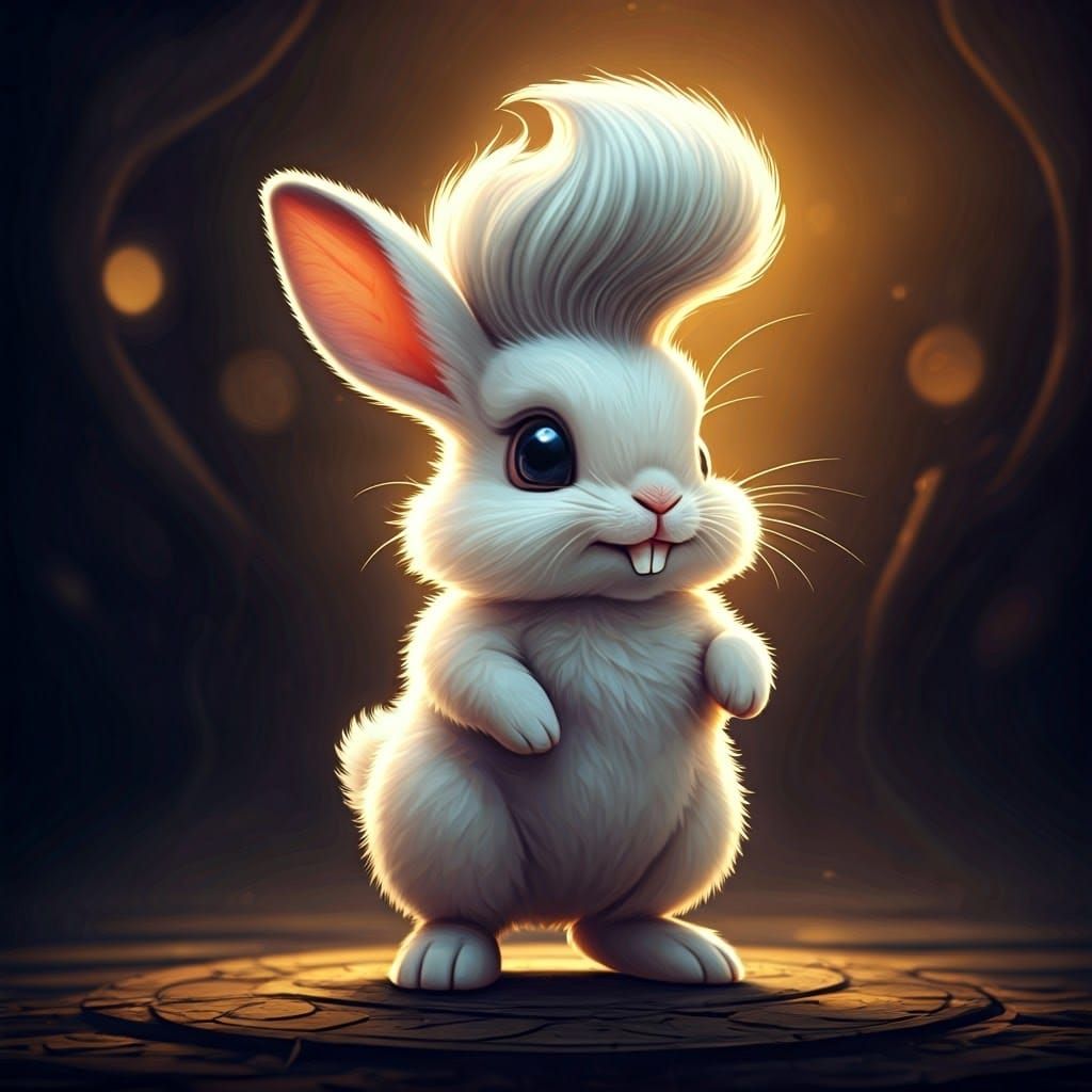 Chibi Rabbit with Pompadour Hair in Whimsical Oil Painting S...