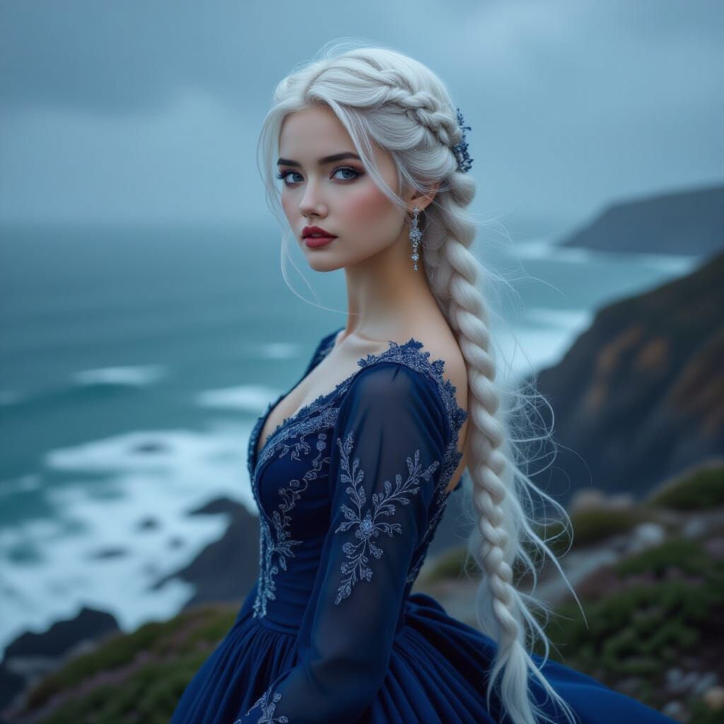 Vietnamese Woman on Windswept Cliff in Sapphire Gown