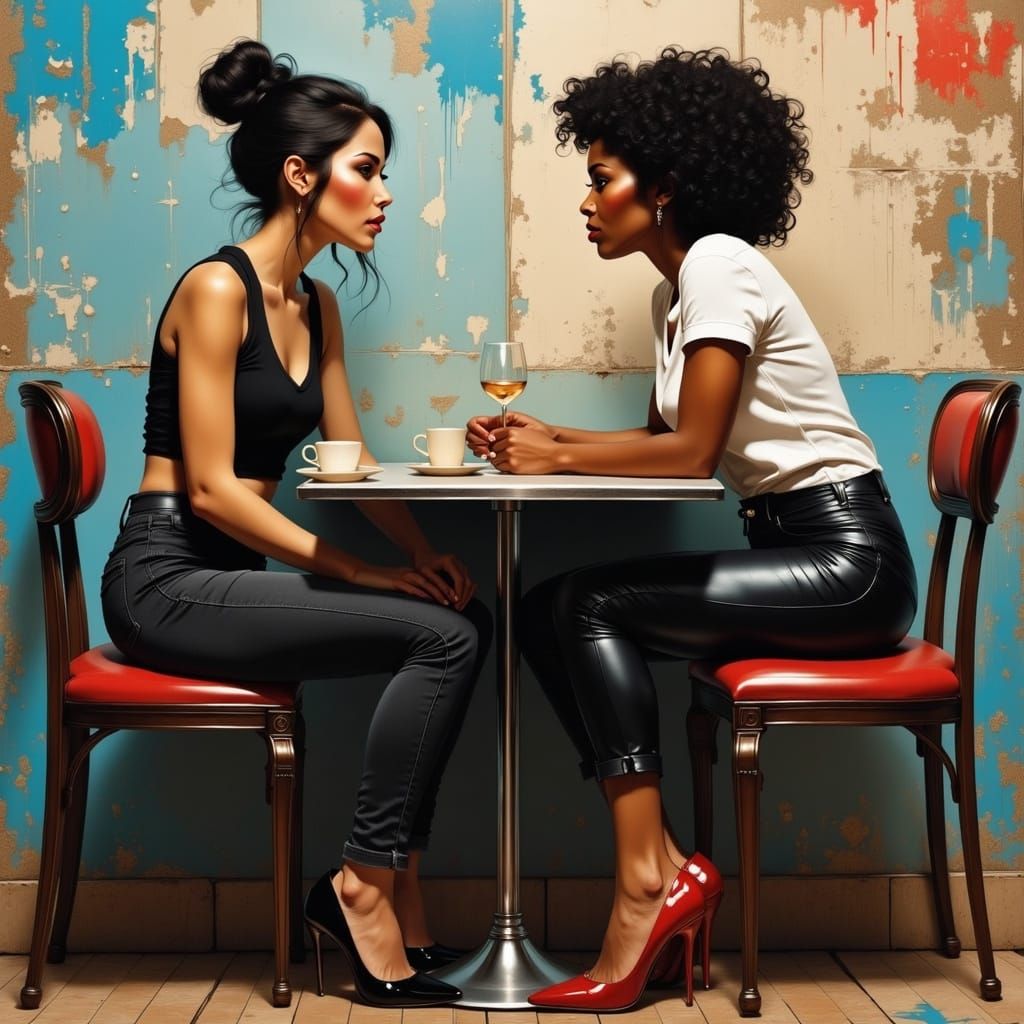 Two Young Women Chatting in a Grimy Cafe
