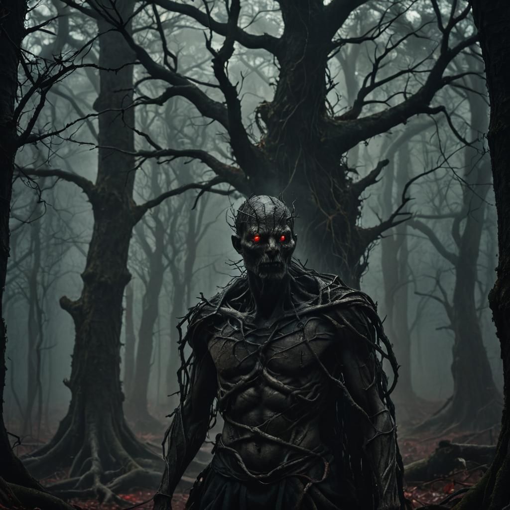 Shadowy Figure in Dark Mystical Forest