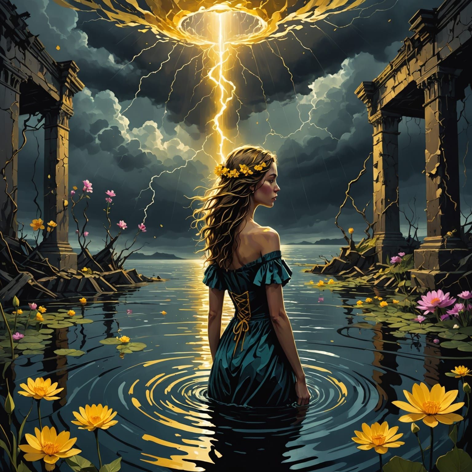 Woman in Storm with Surreal Reflections