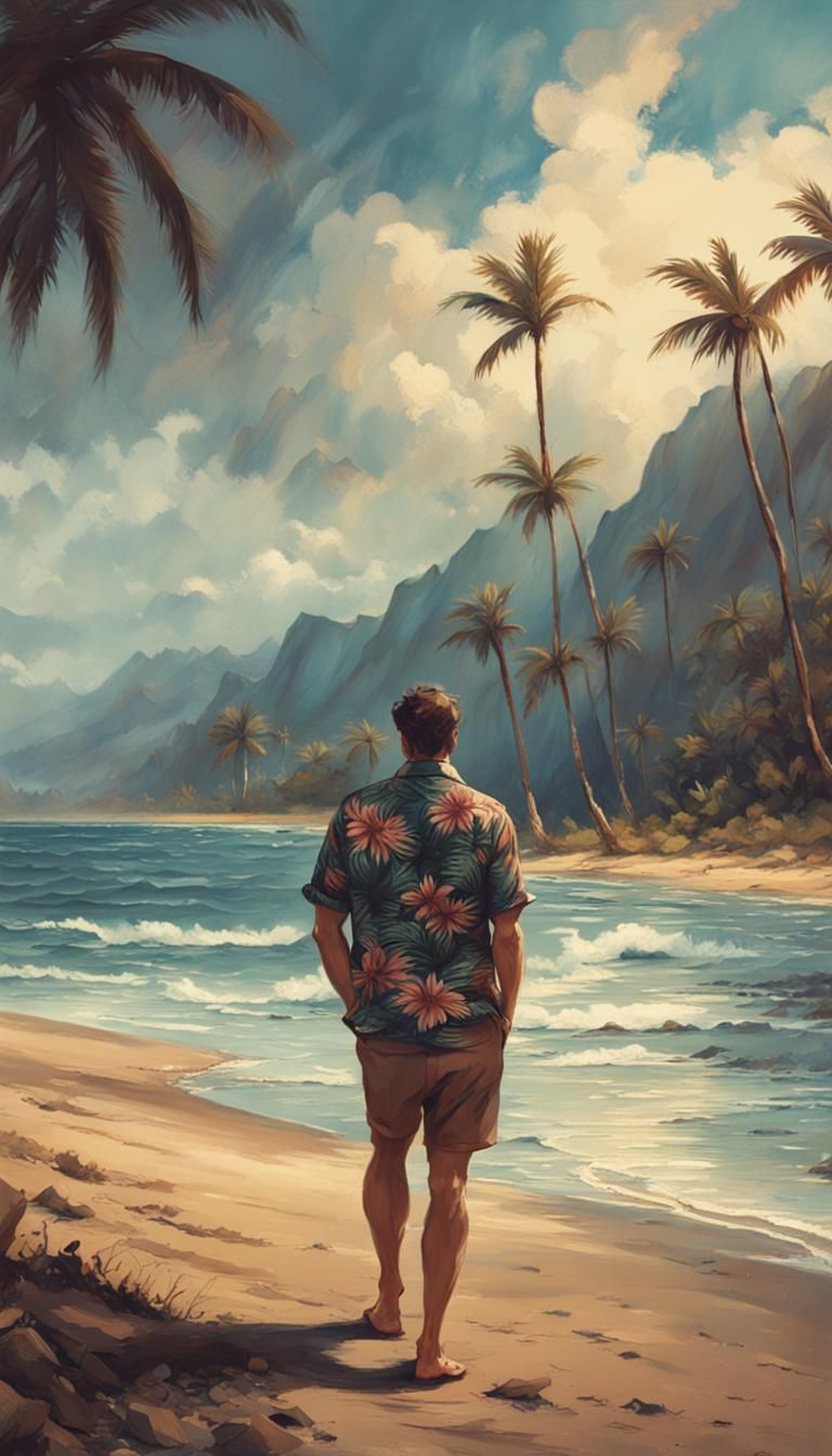 Hawaiian Beach Scene as Gouache Matte Painting