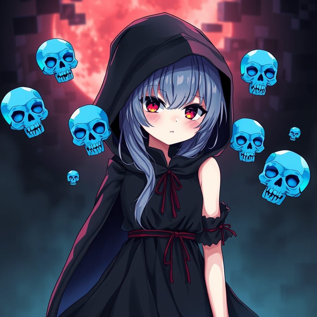 Girl Wither with Floating Skulls in Anime Style
