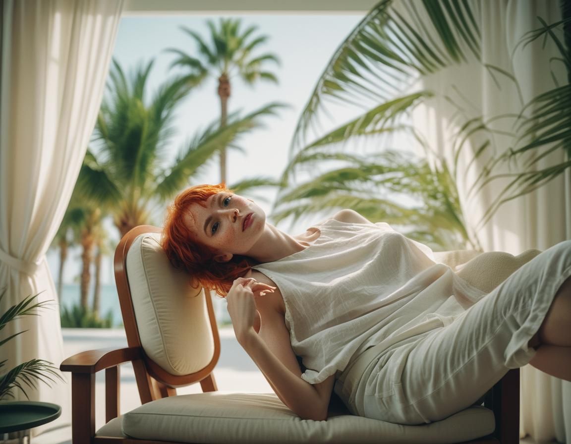 Red-Haired Model Lounging: Cinematic Film Still