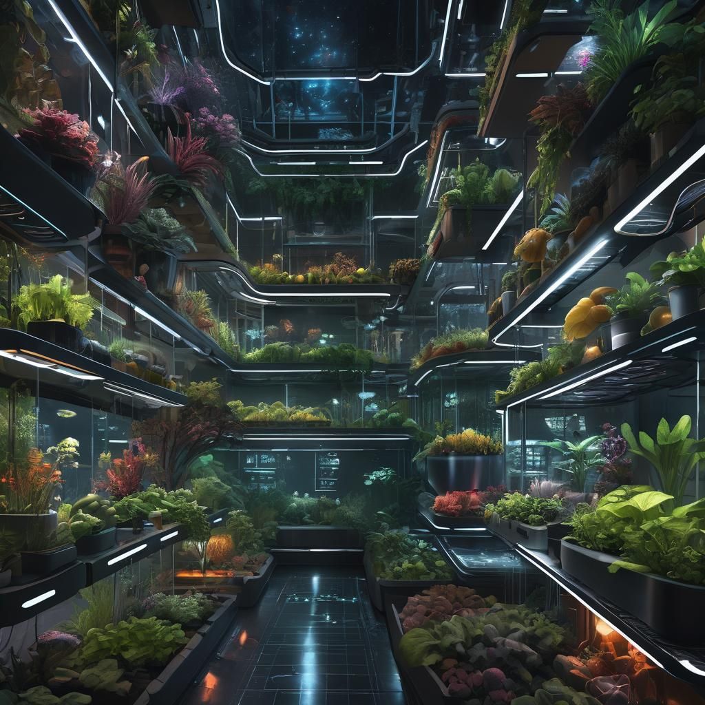 Futuristic Biopunk Garden with Glowing Bioluminescent Plants