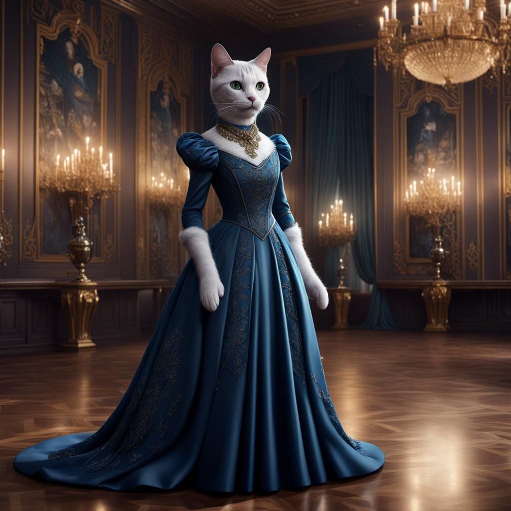 Anthropomorphic Cat in Gown in Grand Ballroom