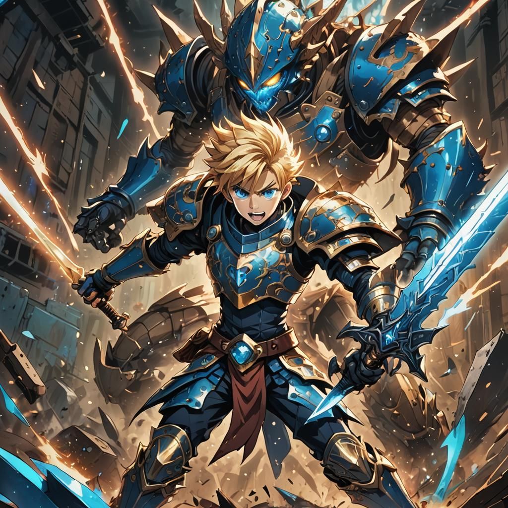 Boy in Diamond Armor Strikes Gear Monster: Anime Illustratio...
