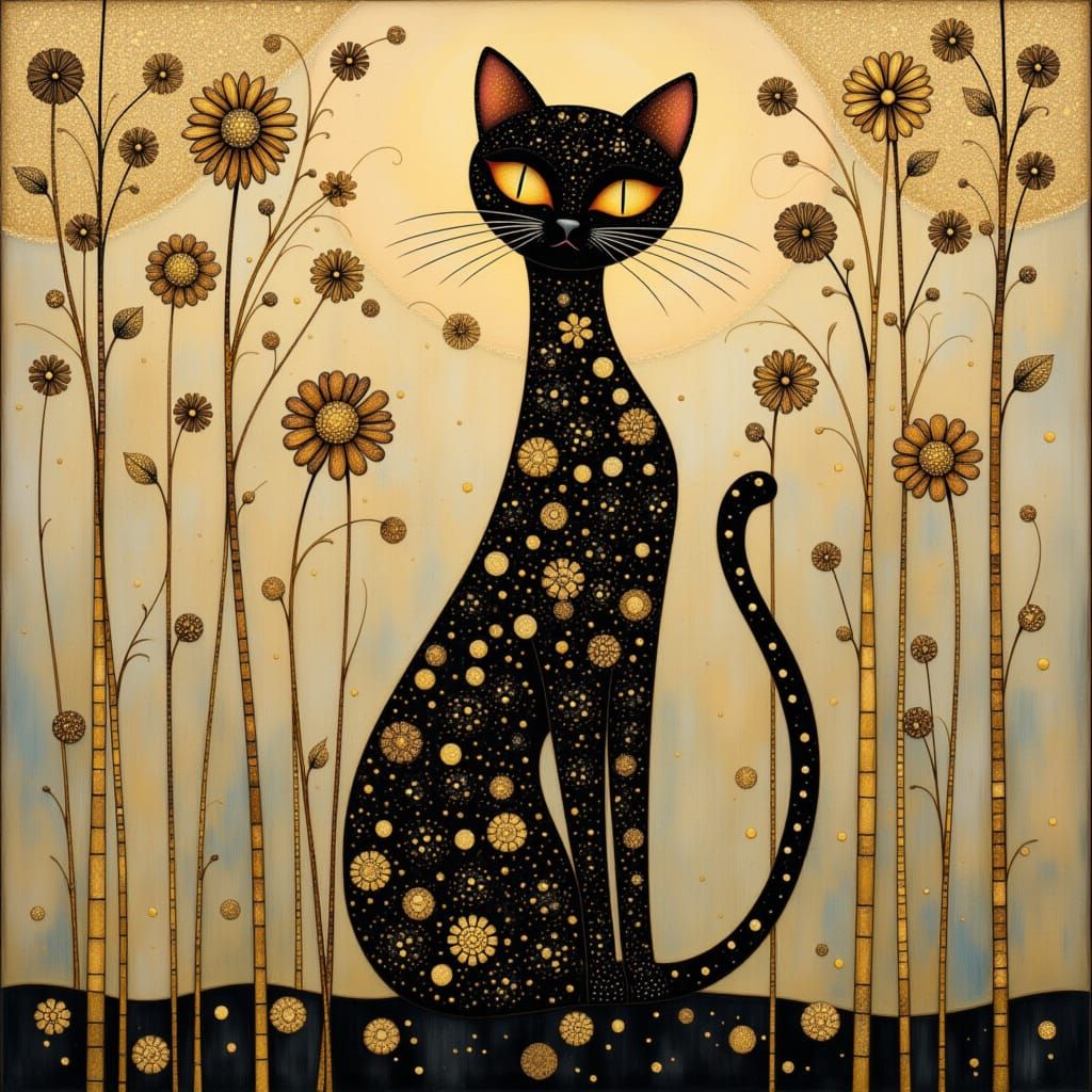 <lora:Shadow whimsy:1.0> beautiful stunning whimsical art deco nouveau cat black and gold with tiny flower silhouettes