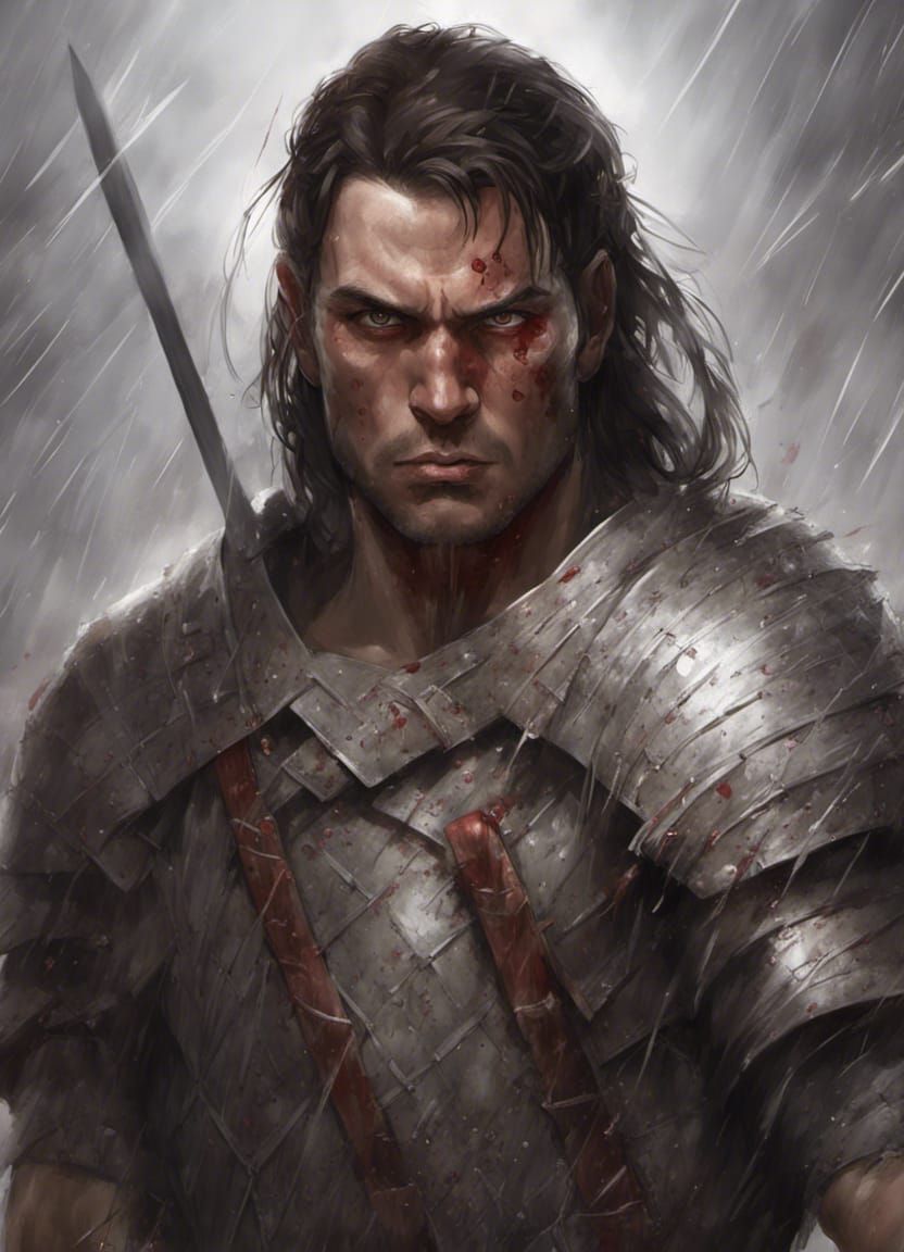 Grim Warrior in Rain, Hyperdetailed Digital Portrait