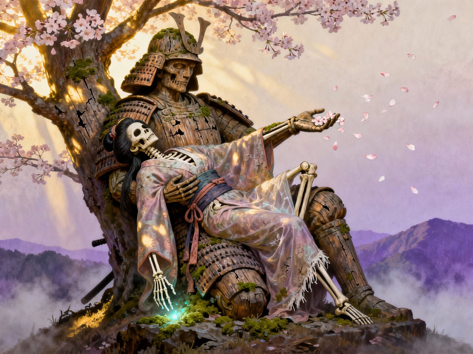 Wooden Samurai Statue with Skeleton Geisha Under Cherry Blos...