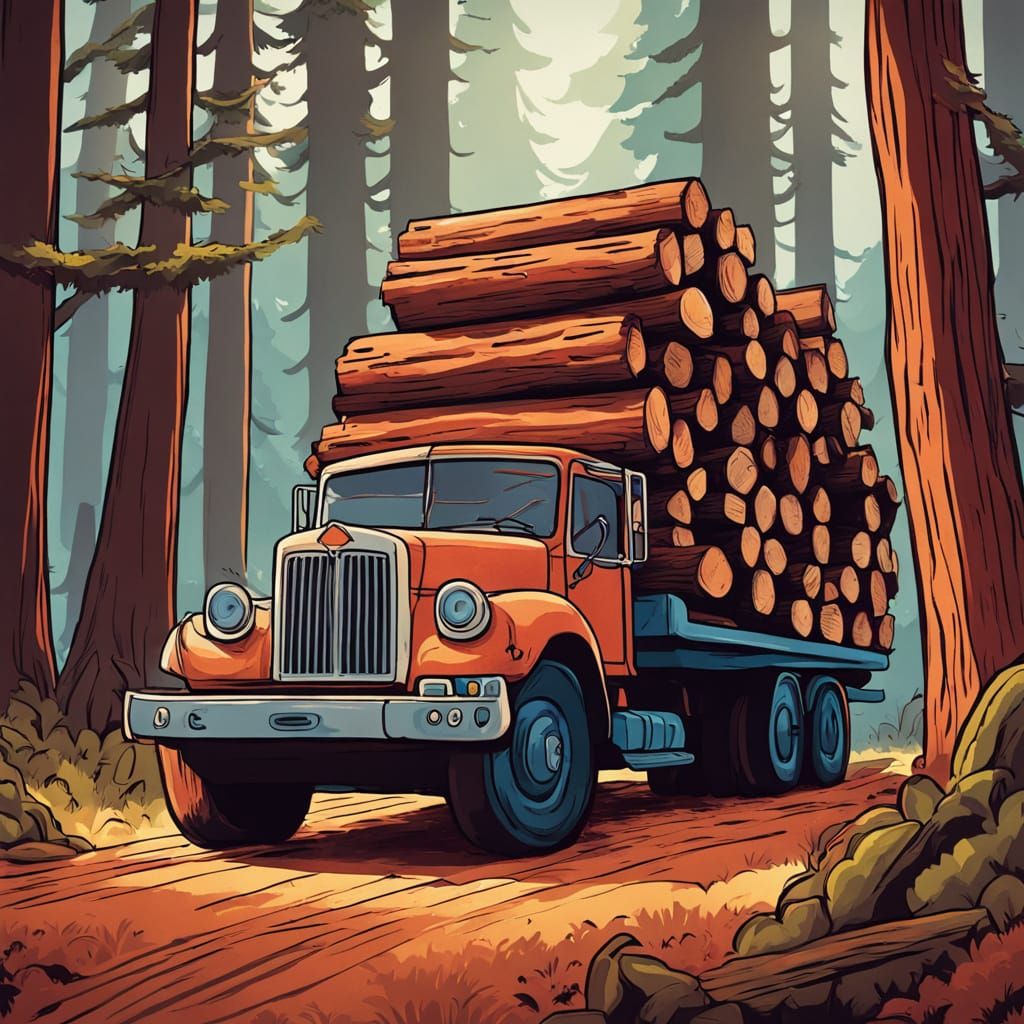Logging Truck in Redwood Forest: Retro Cartoon Art