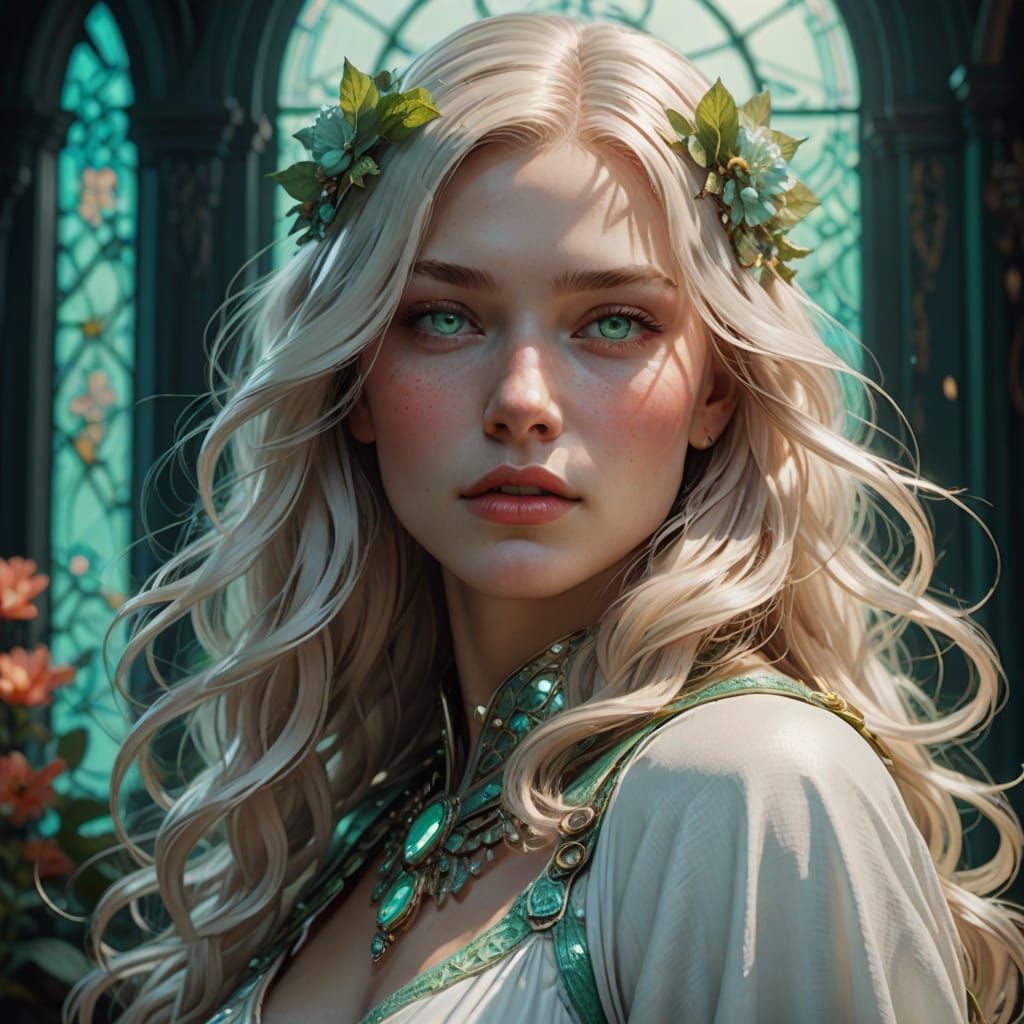 Alluring Woman in Cyan, Coral, and Mint Green Hues