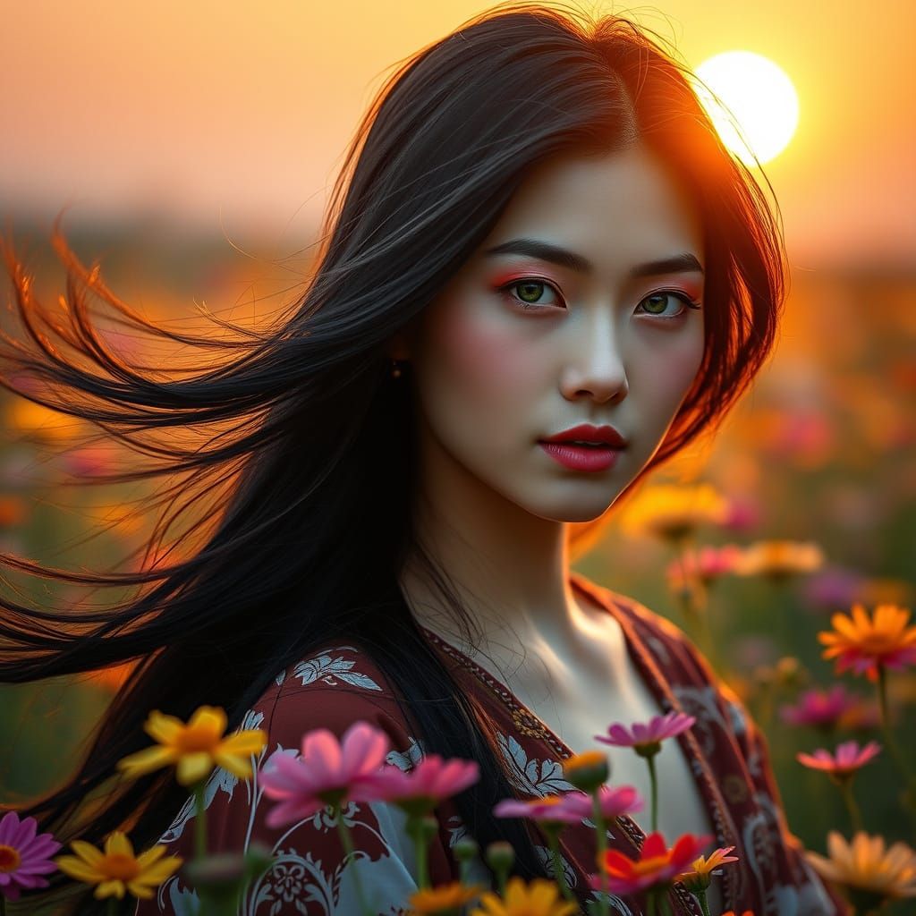 Ethereal Japanese Woman in Wildflower Field at Dawn