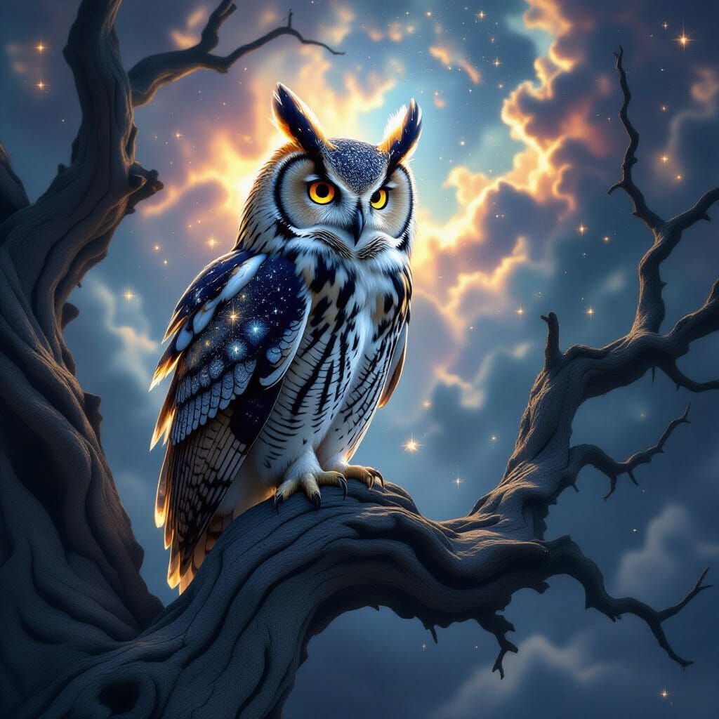 Constellation Owl Perched on Ancient Tree in Digital Art Sty...