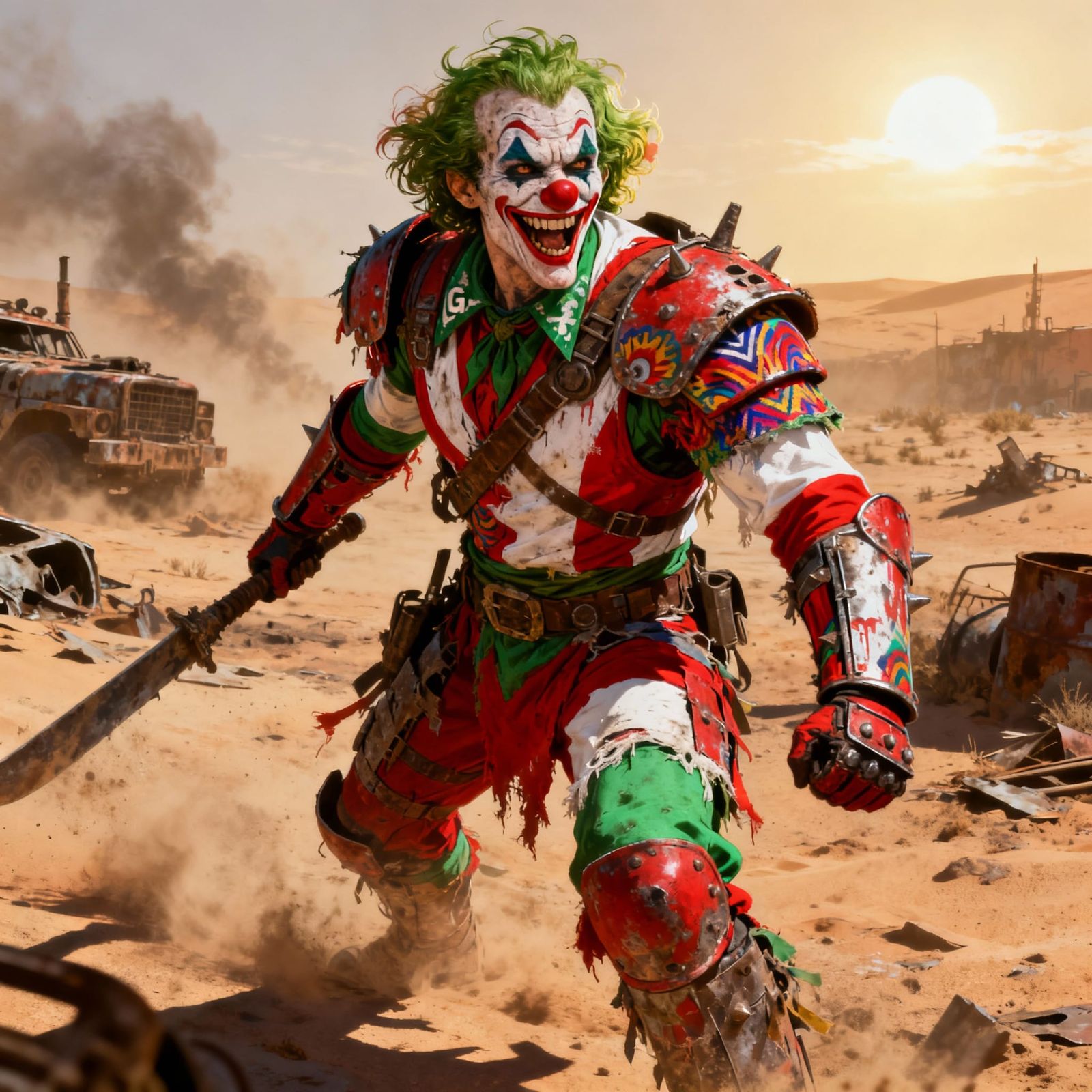 Mad Max Mexican Clown Warrior in Red White Green Armor