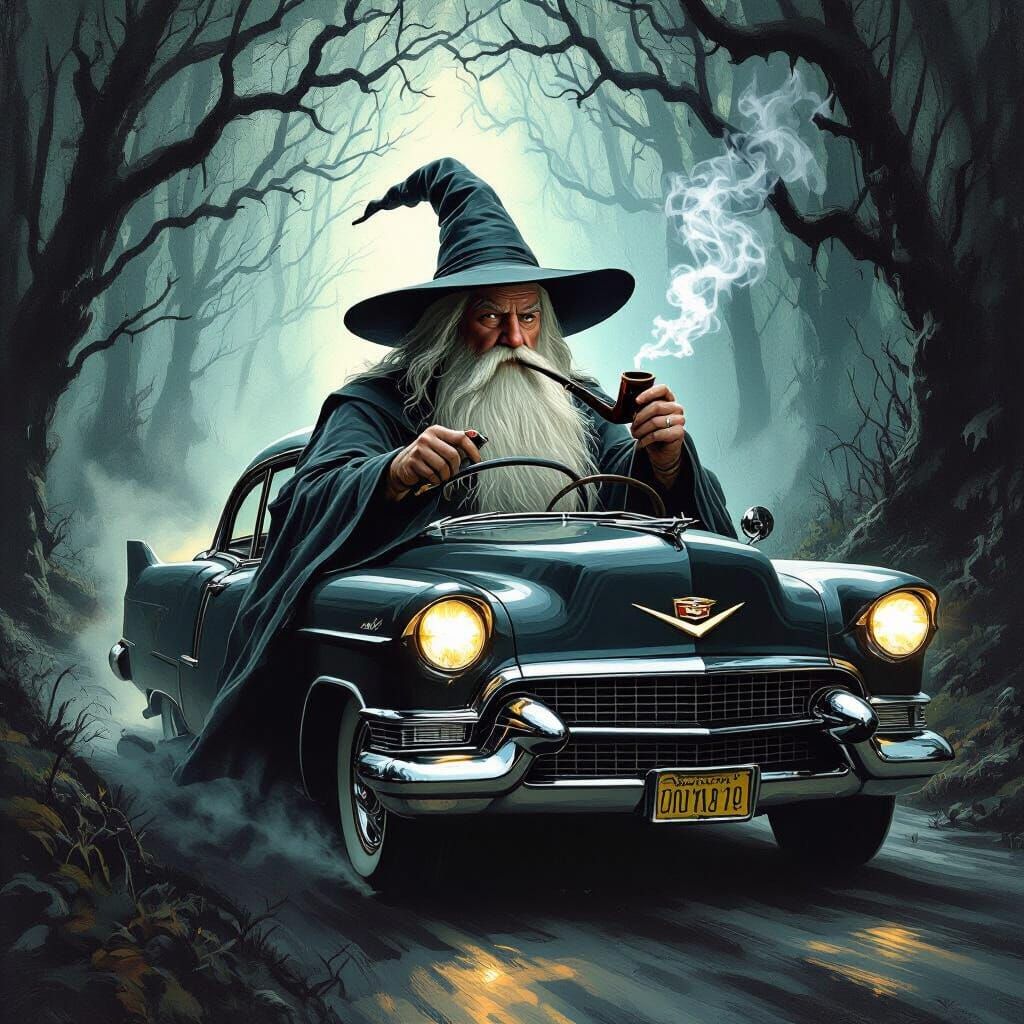 Gandalf Drives a 50s Cadillac Through a Dark Forest
